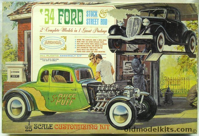 Aurora 1/25 1934 Ford Stock and Street Rod 2 Complete Kits - (34 Ford Coupe), 569-198 plastic model kit